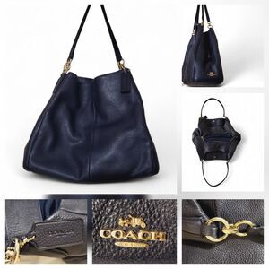 Coach Madison Phoebe Pebbled Leather Shoulder Hobo Bag Midnight Blue- Flawless
